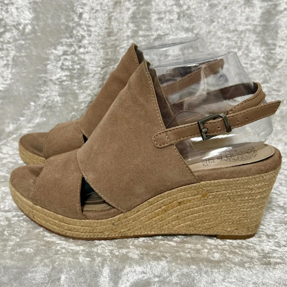 Vince Camuto Women 8.5M Tan Suede Espadrille Wedge Sandals Open Toe‎ Ankle Strap